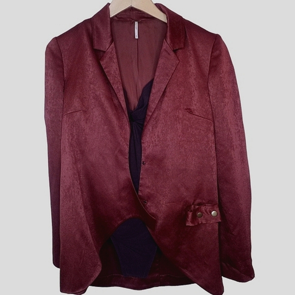 Free People Blazer Silky Satin Sheen Open Front Pockets - Picture 3 of 11